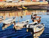 Stephen Cullen, Boats at Rest, Bulloch Harbour, oil on canvas board