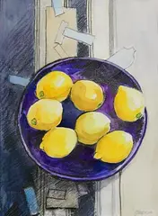 Richard J. Croft, Still Life with Lemons on a Purple Plate, mixed media on paper