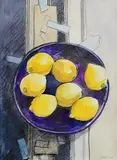 Richard J. Croft, Still Life with Lemons on a Purple Plate, mixed media on paper