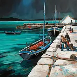 Roundstone Fisherfolk by J.P. Rooney, oil on board, sold Aug 2022