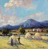 William Cunningham, Haymaking Mournes, oil on board