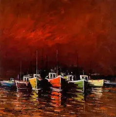 William Cunningham, Trawlers at Dawn, Letterfrack II, oil on board