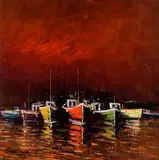 William Cunningham, Trawlers at Dawn, Letterfrack II, oil on board