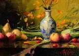 Mat Grogan, Still Life - Vase, Apples and Pears, oil on board
