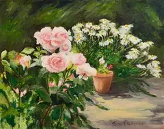 Joan Ormiston, Pink Roses, oil on board