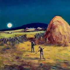 William Cunningham, Harvesting Under Moonlight, oil on board