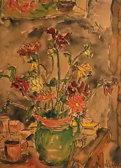 Kenneth Hall, Still Life - Jug of Flowers, watercolour, pen and ink on paper