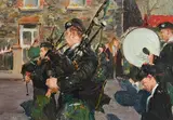 Rush Pipe Band by Paul Kelly, 1999, oil on board, offered Jun 2022