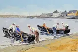 Ivan Sutton, Launching Currachs, Kilronan Beach, Aran Mor, oil on board