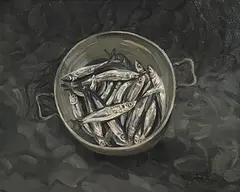 Jeremiah Hoad, Sprats in a Colander, oil on board