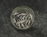 Jeremiah Hoad, Sprats in a Colander, oil on board