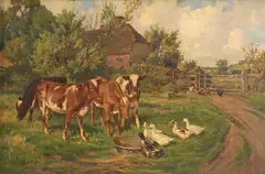 Feeding Time, Calves and Geese by Claude Cardon, oil on canvas, offered Jun 2022