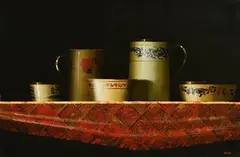 Still Life with Red and White Ceramics (2012/'14) by Martin Mooney, oil on board, sold Apr 2022
