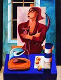 Woman with Still Life by Graham Knuttel, oil on canvas, sold Apr 2022