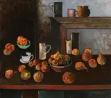 Peter Collis, Fruit in Front of Mantle, oil on canvas