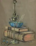 Harry Kernoff, Books and Peacock Feathers, pastel on paper