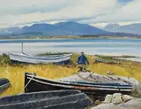 Down by the Monastery, Roundstone by Cecil Maguire, 1987, oil on board, sold Mar 2022
