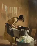 Wash Day by Maurice Canning Wilks, oil on canvas board, sold Mar 2022