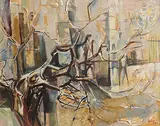 Abstract Tree with Figures Beyond by George Campbell, 1964, oil on board, sold Mar 2022