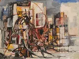 Abstract City Landscape by George Campbell, 1963, oil on board, sold Mar 2022