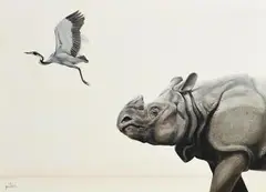 Spencer Hodge, Rhino and Bird, oil on canvas
