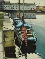 Cecil Maguire, Galway Hookers Moored at the Long Walk, Galway, oil on board