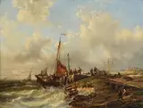 Hendrik Adolf Schaep Belgian, Unloading the Catch, oil on canvas