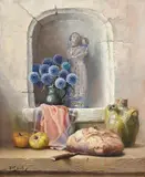 Robert Chailloux French, Still Life - Pewter Jug of Thistles with Bread, 1991, oil on canvas