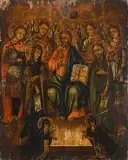 19th Century Russian Icon, Deisis and Saints, oil on panel
