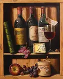 Raymond Campbell British, Still Life - Wine Bottles, Cheese and Grapes, oil on board