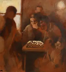Chess Players by Noel Murphy, 1994, oil on board, sold Jan 2022