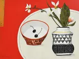 Geoffrey Robinson, Still Life with Two Black Cherries, acrylic and charcoal on board