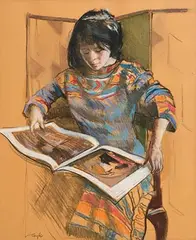 John Coyle, Girl Reading, pastel