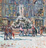 La Place de la Comedie, Montpellier, France by Arthur K. Maderson, oil on board, sold Nov 2021