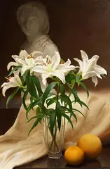 Conor Walton, Vase of Lilies with Citrus Fruit, oil on canvas
