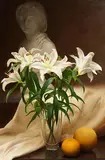 Conor Walton, Vase of Lilies with Citrus Fruit