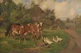 Claude Cardon, Feeding Time, Calves and Geese, oil on canvas