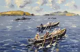 Ivan Sutton, Currachs Leaving Dunquin Pier for Blasket Islands, Co. Kerry, oil on canvas board