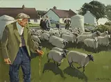 Sheep Fair, Cushendun, Co. Antrim by Cecil Maguire, 1986, oil on board, sold Oct 2021