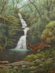 Fox and Jay, O'Sullivan's Cascade, Killarney by Julian Friers, oil on canvas, sold Oct 2021