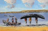Ivan Sutton, Launching Currachs, Aran Mor, Co. Galway, oil on canvas board