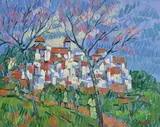 Pathway to the Spanish Village by Desmond Carrick, oil on canvas board, sold Oct 2021