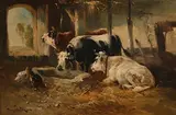 Henry Schouten, Cattle and Chickens in the Barn, oil on canvas