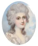 Richard Cosway, Portrait of a Lady, miniature portrait within a gold frame and split pearl and blue enamelled ribbon border