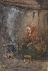 Henry Wright Kerr, Connemara Woman Cooking by an Open Hearth, 1893, watercolour