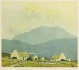 Paul Henry, Peat Stacks and Cottages by a Lake, Connemara, print