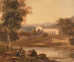 George Barrett Jnr, Anglers Near a Ruined Monastery, watercolour