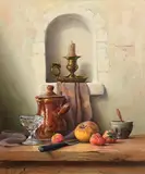 Robert Chailloux French, Candlestick, Fruit, Glass and Brown Pot