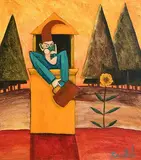 Mr Punch Watering a Sunflower by Graham Knuttel, oil on canvas, sold Aug 2021