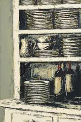 Wine Bottles and Stacked Dishes by Yvonne Moore, oil on canvas, sold Aug 2021
